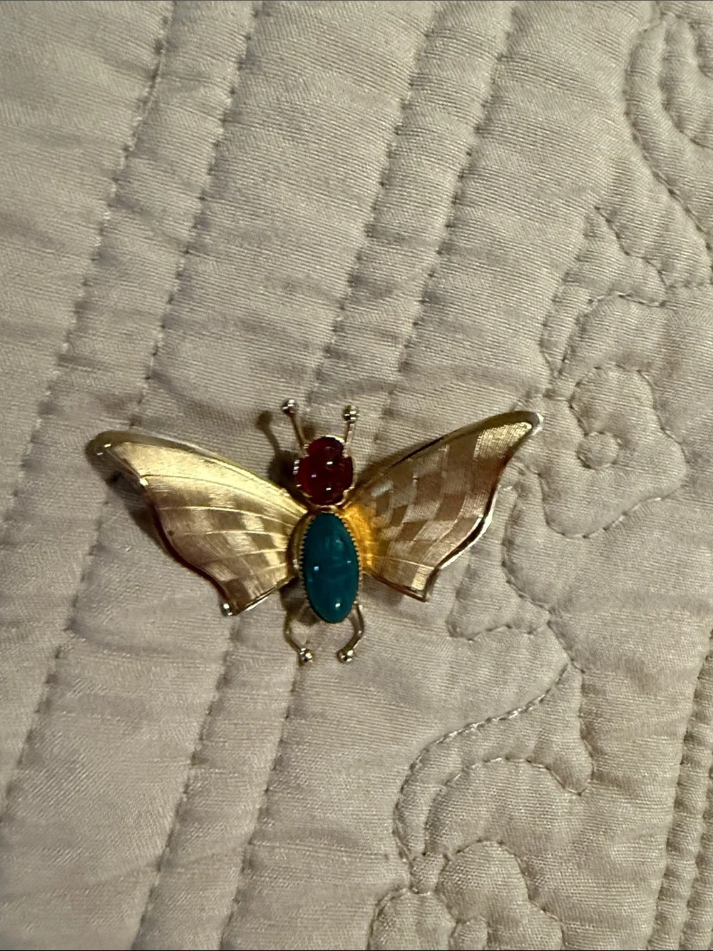 Vintage Butterfly Pin Brooch with Turquoise and Red Cabochons